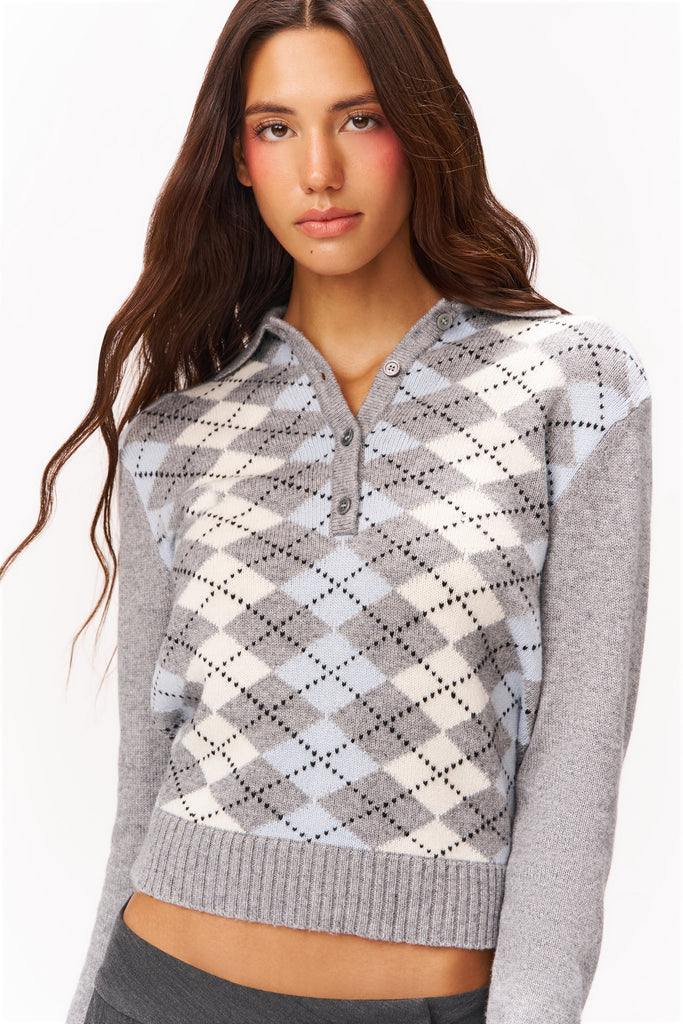 OLIVIA POLO SWEATER IN BLUE ARGYLE