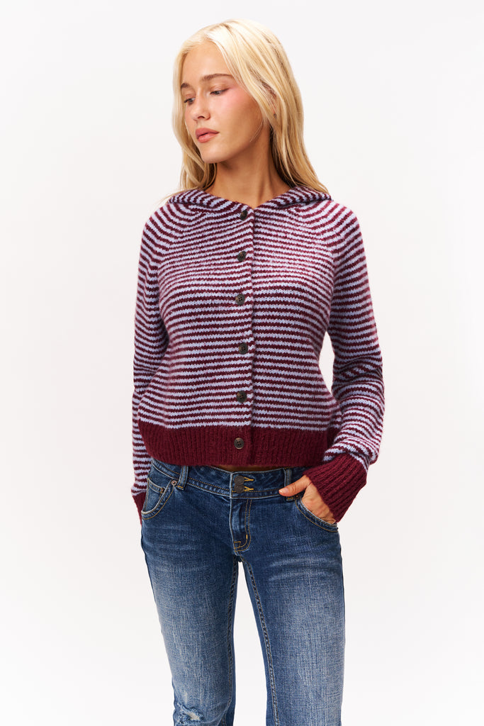 MELINA KNIT JACKET IN BURGUNDY & BLUE STRIPE