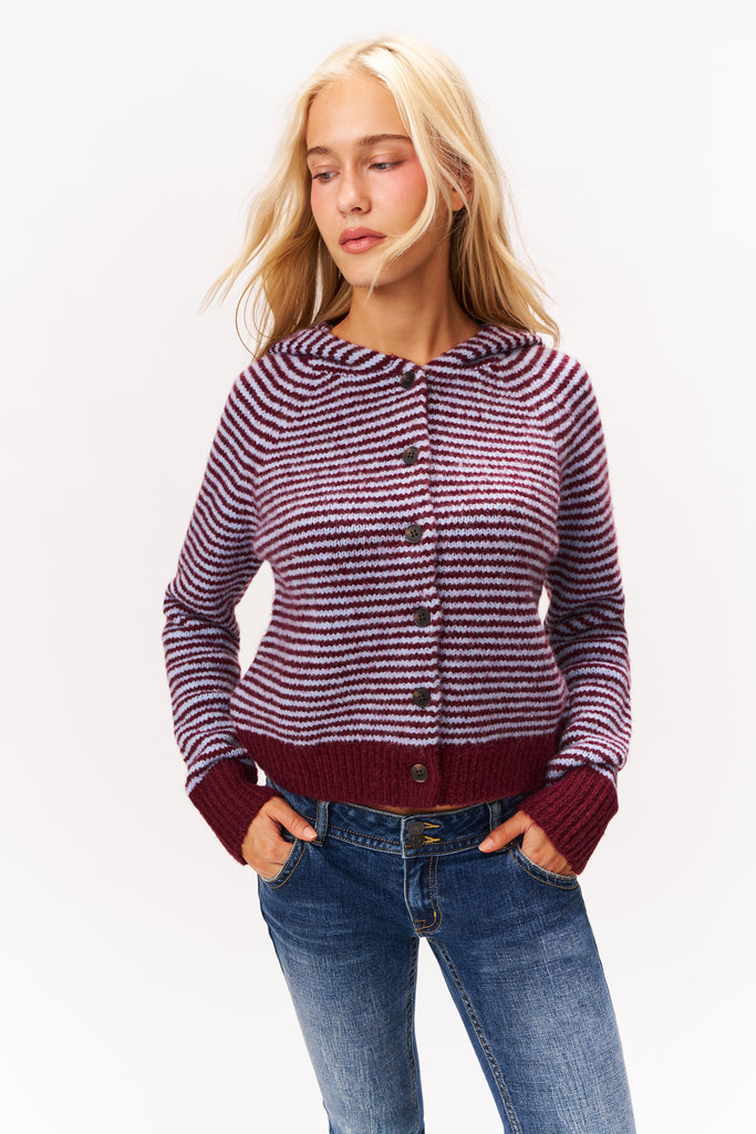 MELINA KNIT JACKET IN BURGUNDY & BLUE STRIPE