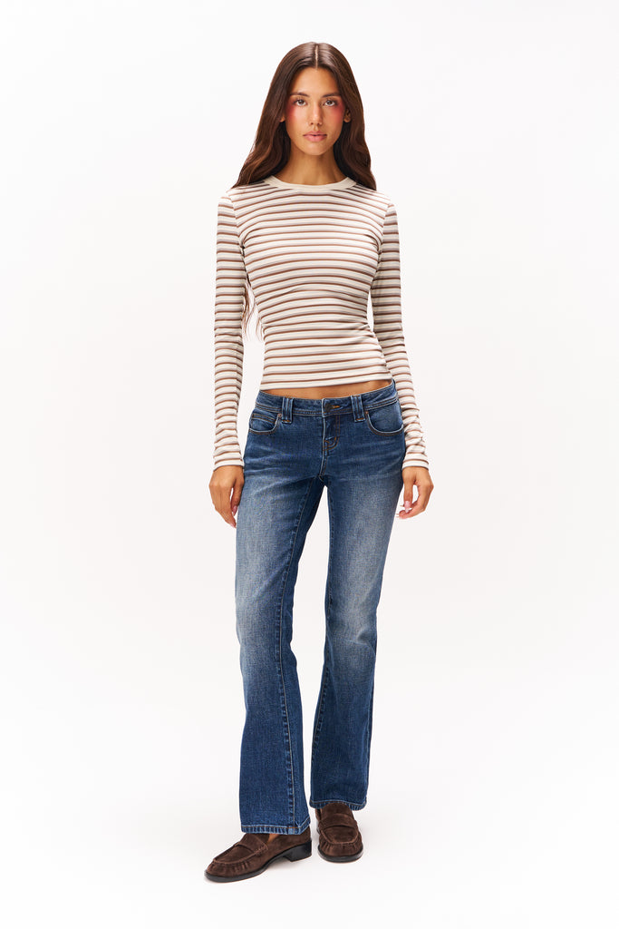 CREW LONG SLEEVE IN IVORY BROWN PREPPY STRIPE