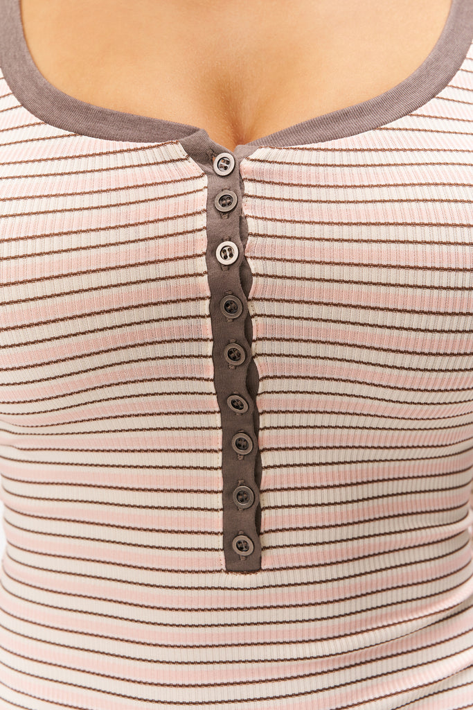 LONG SLEEVE HENLEY TOP IN LIGHT PINK PREPPY STRIPE