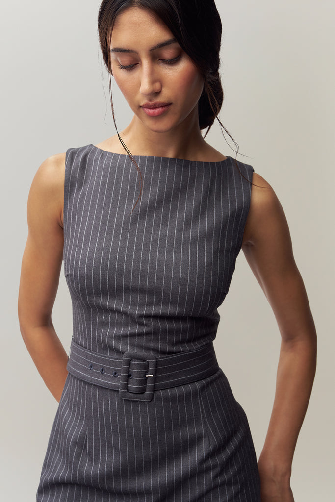 Via Pinstripe Dress in Charcoal & White