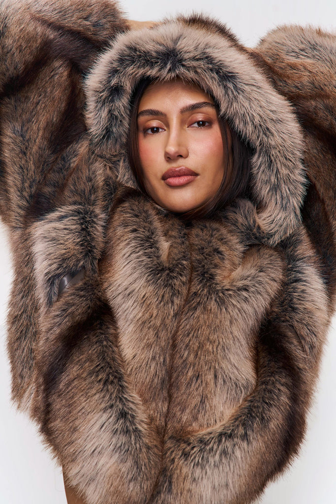 Cosette Cropped Faux Fur Jacket in Tawny Brown
