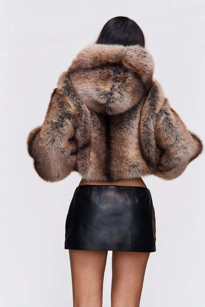 Cosette Cropped Faux Fur Jacket in Tawny Brown