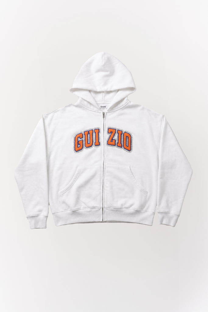 Guizio New York Forever Zip Up Oversized Studded Hoodie in White